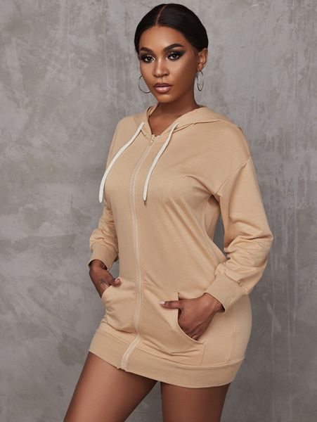 

zip up drop shoulder drawstring hoodie dress z33d#, White;black