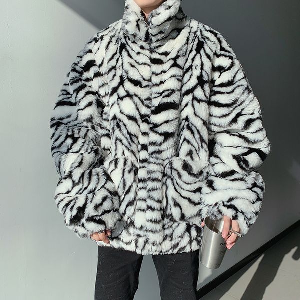 

2021 winter tiger men stripes leather zebra-stripe harajuku oversized woman jacket thicken fur coat jz80, Black;brown