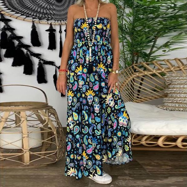 

womens plus size dress vintage boho print strapless long dress bohemian maxi dress tropical beach vintage maxi dresses j4s, Black;gray