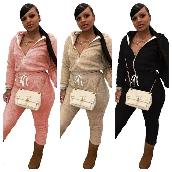 

women tracksuit double sided fleece winter thick hooded hoodies pants sweatsuit jackets leggings outfits zip collar sports suit gg11402, Gray