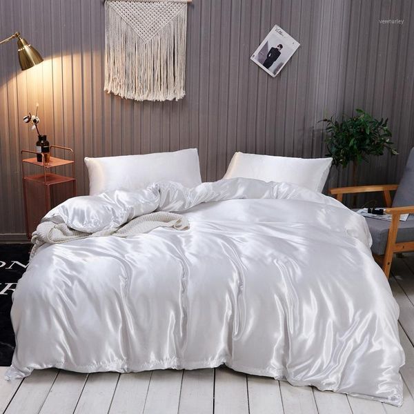 

bedding sets satin silk set  king size bed sheets pillowcase single double bedclothes grey white duvet cover satin1