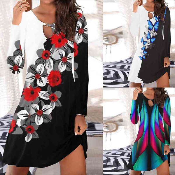

autumn winter dress womens fashion vintage o-neck long sleeve printed round button dresses, Black;gray