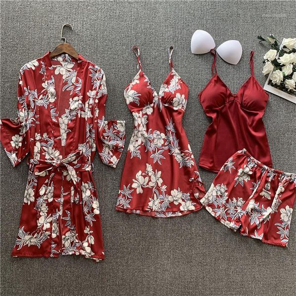 

women's sleepwear summer long sleeve printed nightdress women's four-piece bathrobe silk halter belt ladies nightgown suit1, Black;red