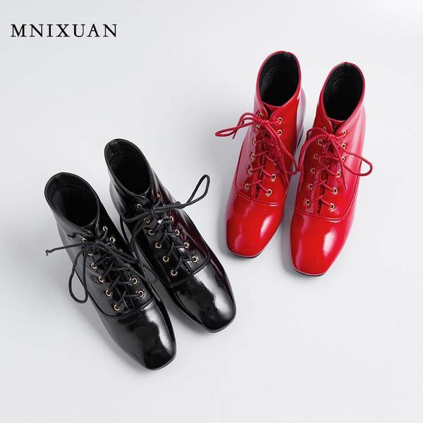 

boots mnixuan 2021 women shoes patent leather spring autumn square high heels ankle lace up red black size 42