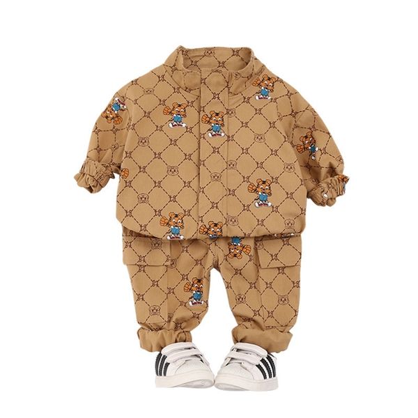 

cartoon print stand collar tooling suit baby boys clothing sets coat+pants 2pcs fashion boy clothes street kids children's sets 201127, White