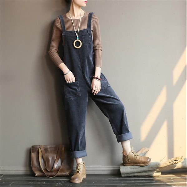 

women corduroy jumpsuits vintage warm cloths 2020 autumn winter new solid color loose pockets jumpsuits, Black;white