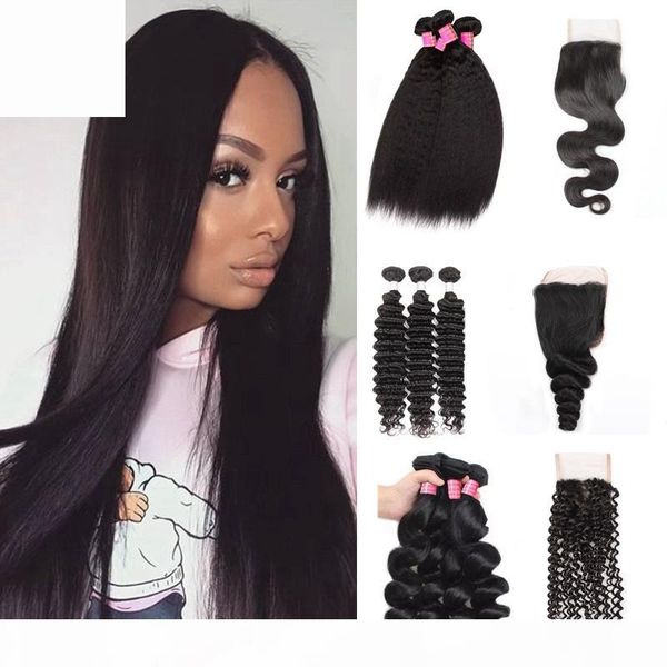 

indian virgin hair extensions straight brazilian hair kinky curly human hair bundles with closure 3pc loose wave body wave water deep wave, Black