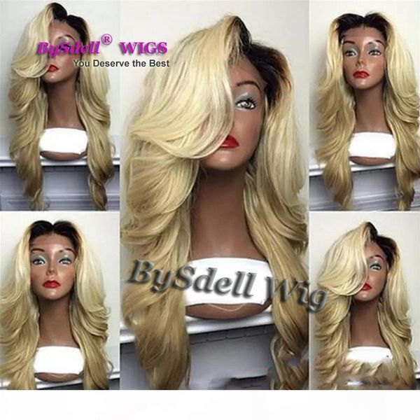 

kylie jenner 613# blonde ombre wig with dark root hair glueless synthetic lace front wigs heat resistant fiber, Black