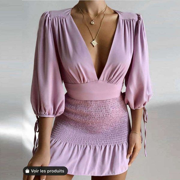 

sleeve autumn 2020 women's v-neck mid short skirt fashion elastic pleated hip dress, Black;gray