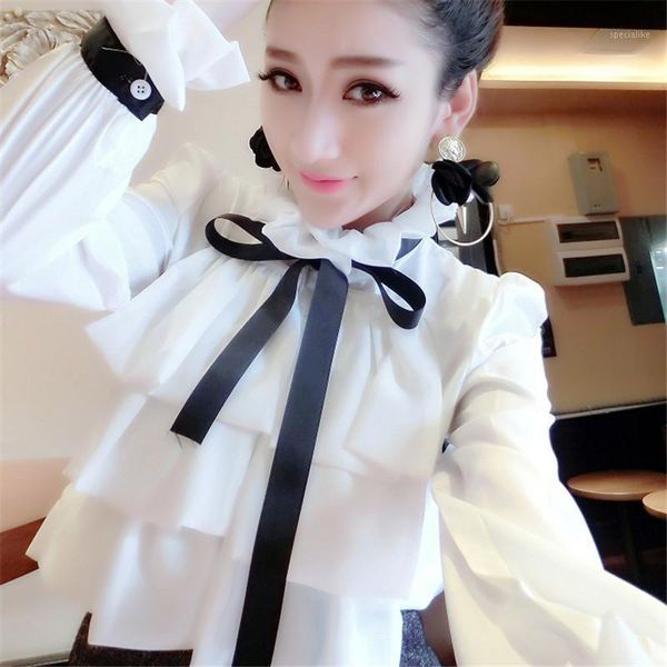 

2019 spring autumn women white blouses princess tie bow ruffles blouse ladies flare sleeve chiffon shirt blusas ab13201