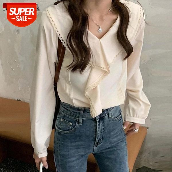 

new fashion elegant white blouse women 2021 ruffles vintage long sleeve women casual v-neck vintage shirts blusa 11930 #es8f