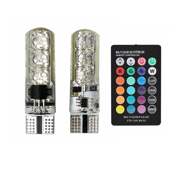

2pcs 5050 smd rgb t10 194 168 w5w car dome reading light automobiles wedge lamp rgb led bulb with remote controller flash/strobe