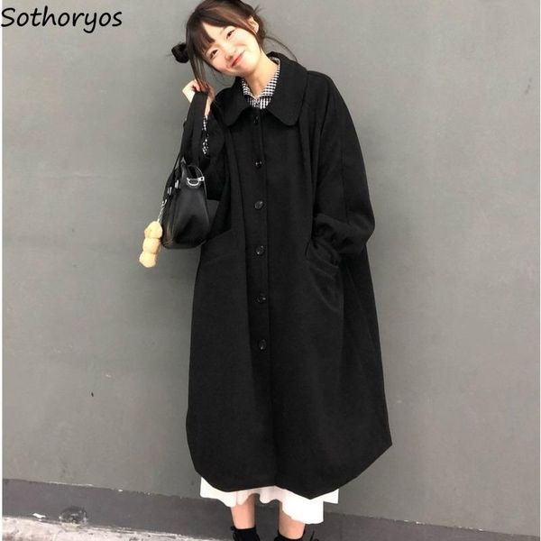 

women's wool & blends women single breasted thicken winter over knees solid overcoat student all-match loose woolen coat oversize 3xl i, Black