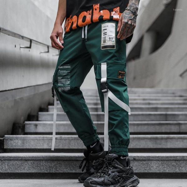 

men's pants men black green color ribbons hip hop cargo japanese style men's elastic waist slim fit joggers casual sport trousers1