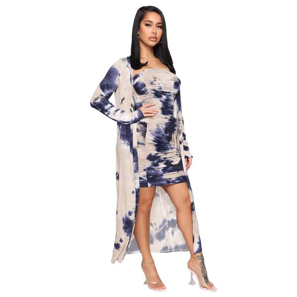 

gl6307 european and american womens clothing tie-dyed cardigan coat wrapped chest pleated dress two-piece suit, White;black