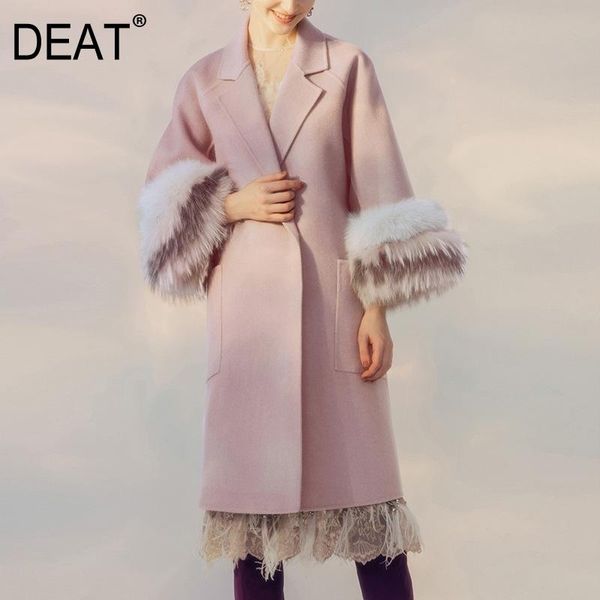 

women's wool & blends [deat] light pink fur cuff woolen coat women notched full sleeve warm elegant solid causal 2021 autumn winter fas, Black