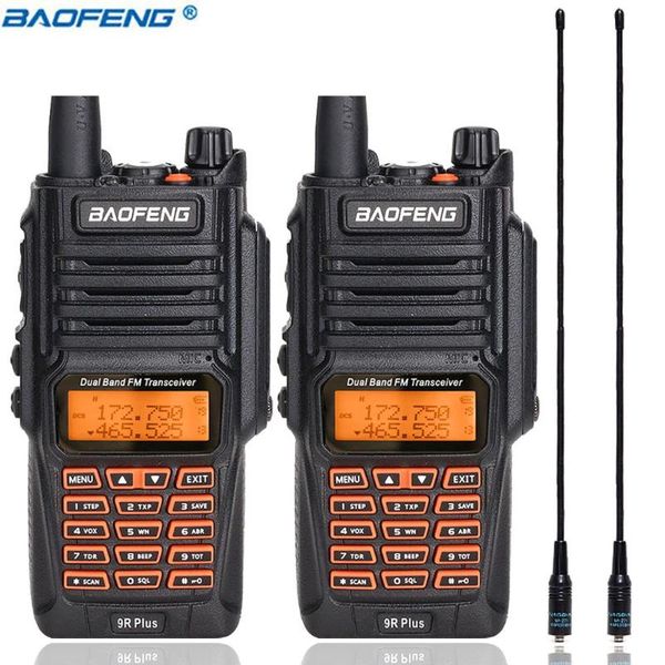 

2 шт. baofeng uv-9r plus walkie talkie 8w высокая мощность 2800 мач батарея uhf vhf двойной ленты водонепроницаемый двухсторонний радио + na