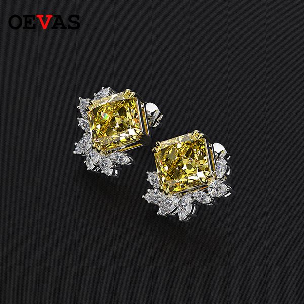 

11 carats square yellow zircon flower stud earrings for women real 925 sterling silver wedding party bride jewelry, Golden;silver