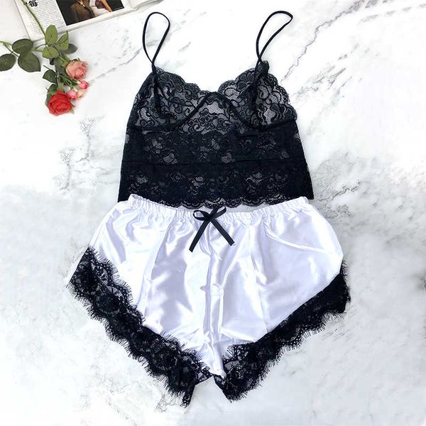 

2020 fashion women 2pcs lace strap shorts ladies sleepwear female pajama homme transparent party set, Black;white