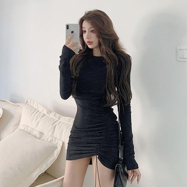 

french retro slim fit slimming inner sheath skirt women's autumn and winter long sleeve elegant white dress, Black