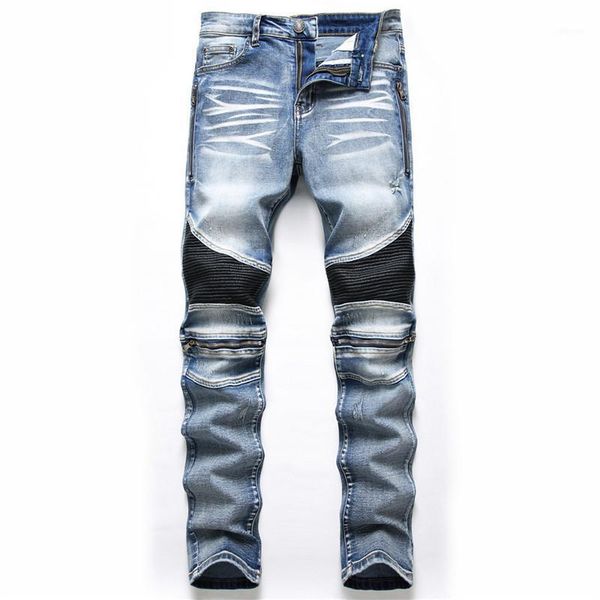 

moruancle mens fashion biker jeans pants straight fit motorcycle denim trousers with leather patchwork washed blue jeans size 401