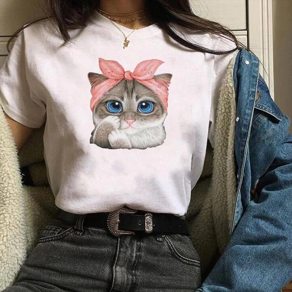 

women print graphic cat face cartoon short sleeve animal kawaii printing clothes lady tees t shirt female womens t shirt, White