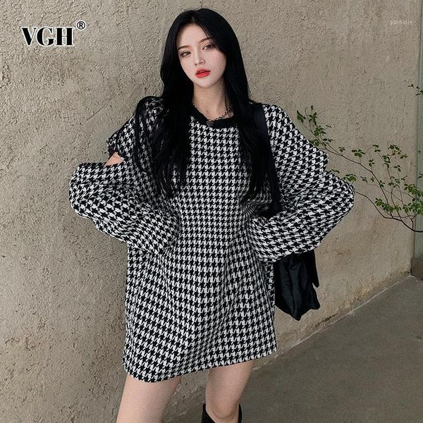

vgh plaid hollow out sweatshirt for women o neck long sleeve casual loose chic sweatshirts female fashion new clothing autumn1, Black