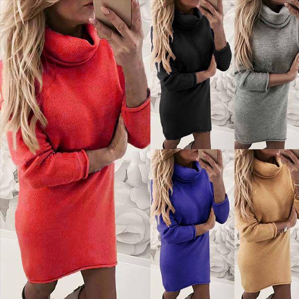

turtleneck long sleeve sweater dress women autumn winter loose tunic knitted casual pink gray clothes solid dresses, Black;gray