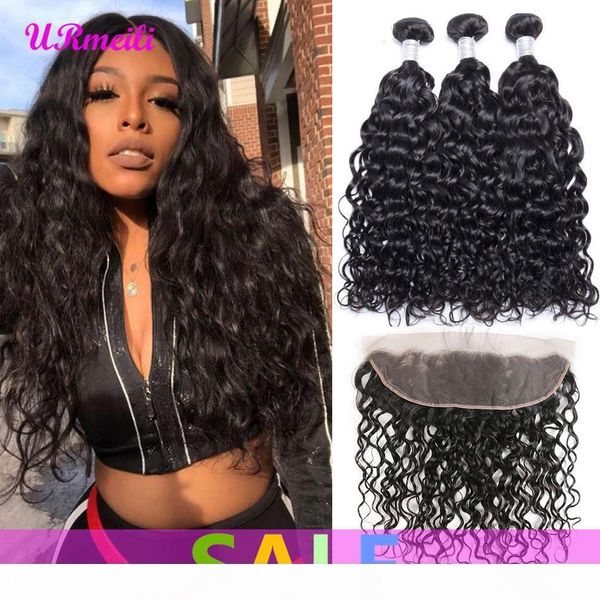 

brazilian water wave virgin hair bundles with frontal 13*4 lace closure wirh bundles part natural color remy human hair extensions, Black;brown