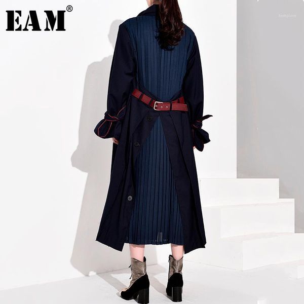 

eam] women back vent pleated split long trench new lapel long sleeve loose fit windbreaker fashion tide spring 2020 wb547041, Tan;black