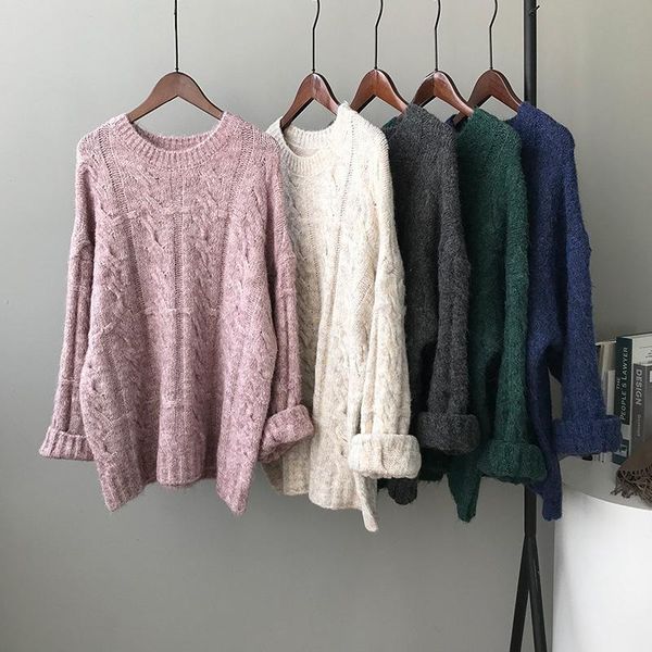 

women's sweaters 2021 autumn winter women sweater soild fashion long sleeve vintage pollovers kintted round neck loose female casual, White;black