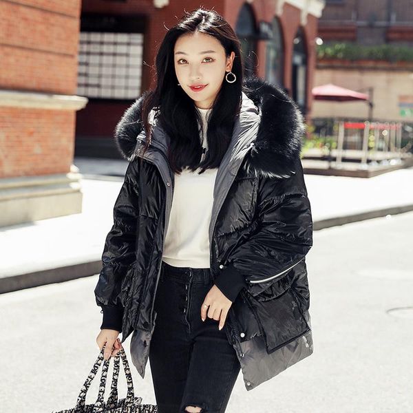 

winter women's new style cotton coat shiny short white duck down fur collar parkas jacket, Black