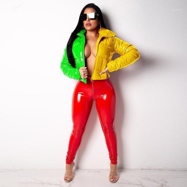 

pu leather coat women winter 2020 patchwork thick warm zipper down bubble parkas waterproof short puffer jacket outwear1, Black