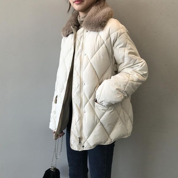 

faux rabbit fur collar loose warm quilted cotton coat, Black