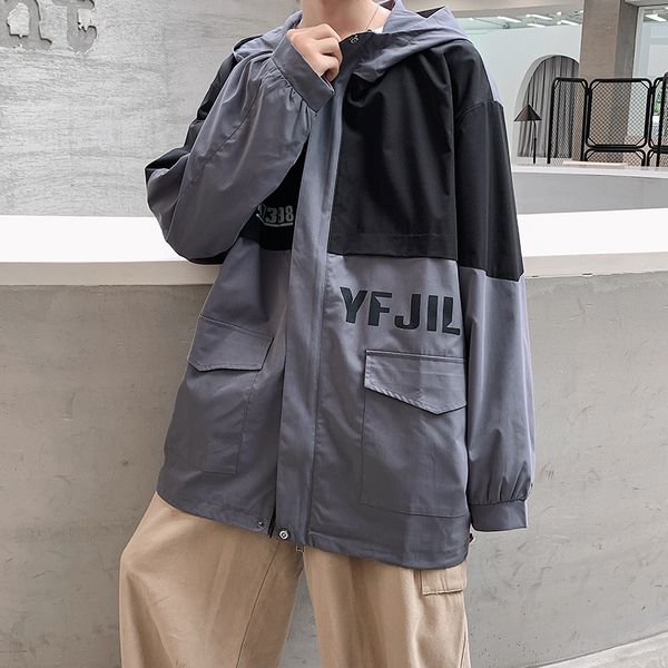 

hooded 2021 spring men's stitched loose jacket jacket picture registered, Black;brown