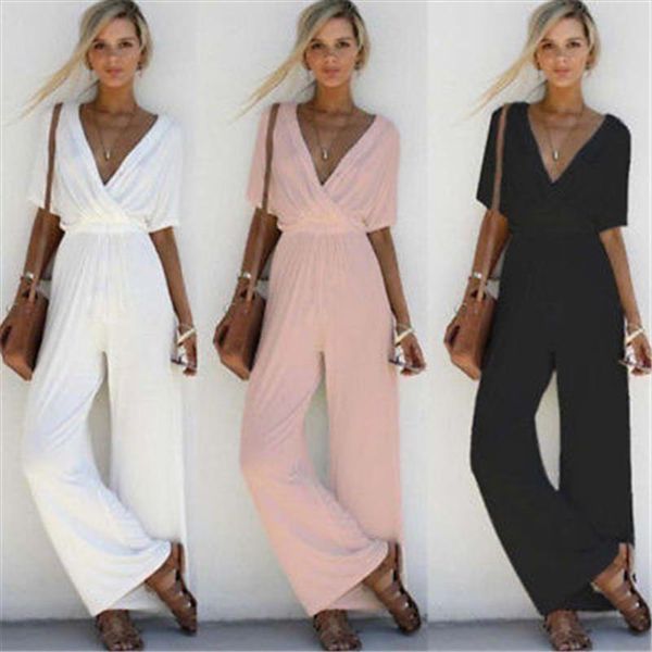 

glane women v neck loose playsuit party ladies short sleeve long jumpsuit beach cover ups drop shipping, Black;gray