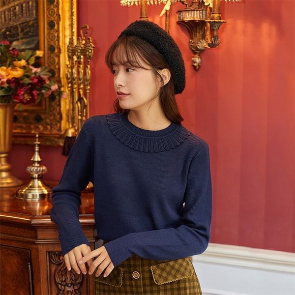 

inman autumn winter new arrivals women's sweater lace round neck retro pullover long sleeve solid color knitting 201221, White;black