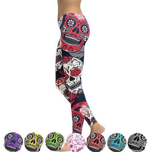 

new elastic workout leggings women floral skull print plus size fitness s outfit pants red purple yellow green blue lj201006, Black