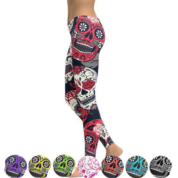 Novo Hot Elastic Workout Leggings Mulheres Floral Crânio Impressão Plus Size Aptidão S Pants Pants Vermelho Roxo Amarelo Verde Azul LJ201006