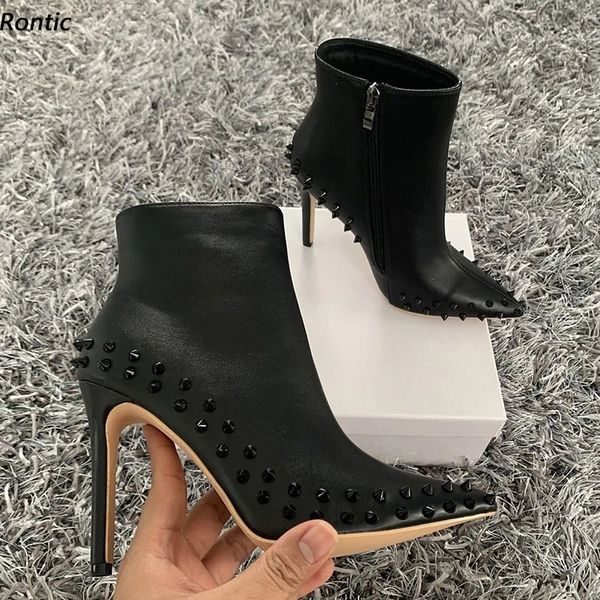 Rontic Damen Winter-Stiefeletten aus Kunstleder mit Nieten, sexy Stiletto-Absätze, spitze Zehen, elegante schwarze Nachtclub-Schuhe, US-Größe 5–15
