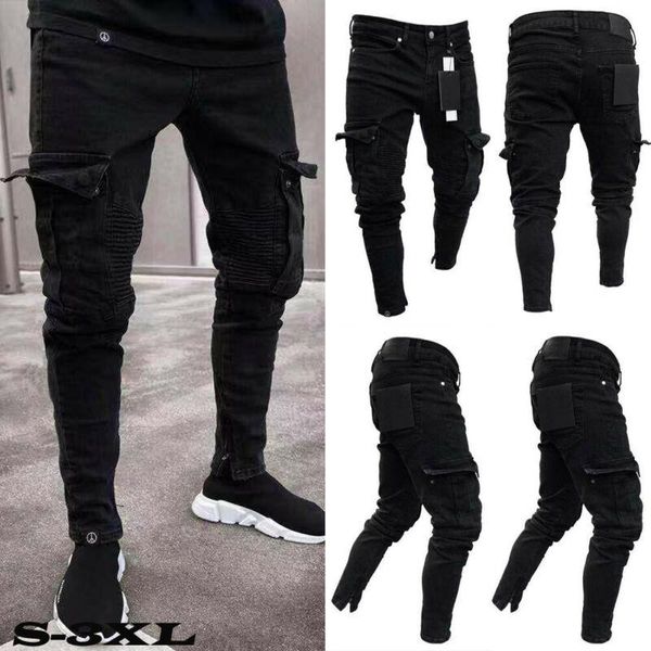 

men's pants 2021 mens jeans long denim cargo combat slim fit biker work casual trousers, Black