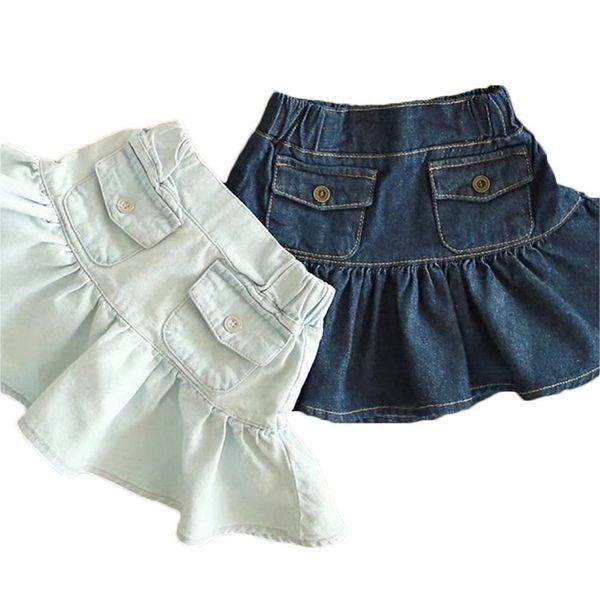 

2021 spring new children high waist ruffle cute denim pocket sweet mini shorts kids girls skirts clothes 0r7t, Blue