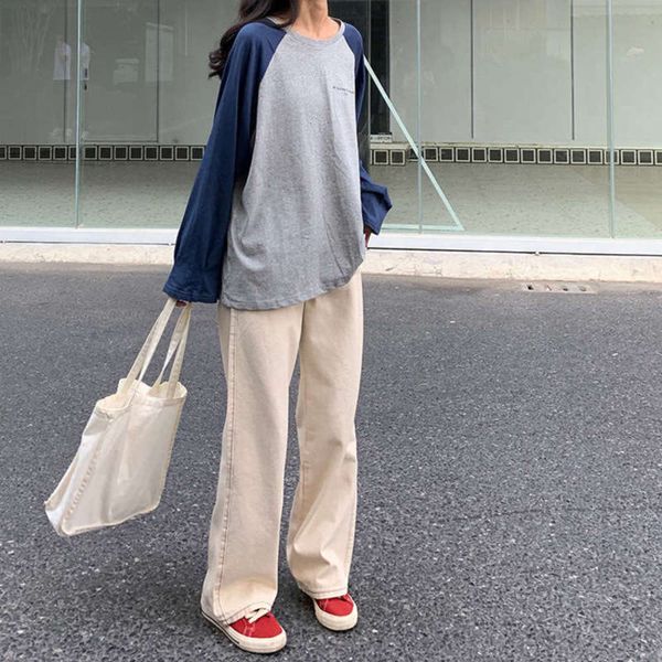 

wear spring and autumn 2019 new korean women's loose letter print lazy fashion contrast color round neck long sleeve t-shirt for women, Black;gray