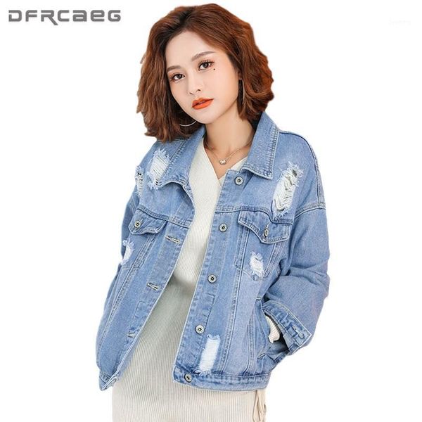 

loose retro ripped women's denim jackets 2021 spring streetwear long sleeve vintage jeans coats outwear ladies clothing1, Black;brown