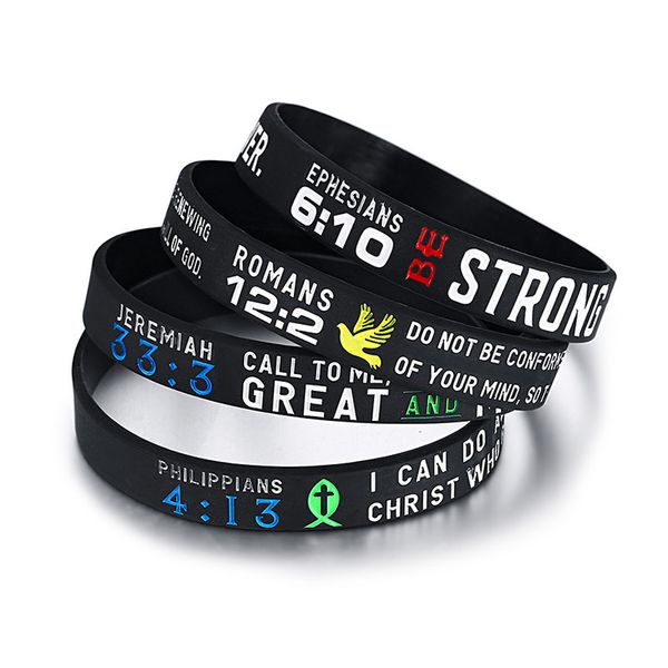 

men's wristand silicon bracelet religious jewelry black color sport casual wrap rubber bible verse christian gifts 4pcs/1set, Golden;silver