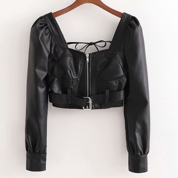 

2021 new locomotive style belt back lace decoration square collar placket pu short faux leather cool streetwear 85l1, Black