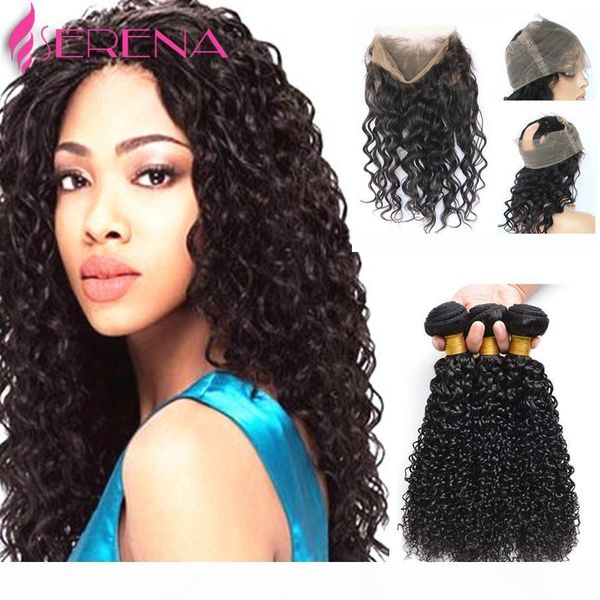 

360 lace frontal with bundle malaysian curly hair deep wave 360 lace virgin hair with 3 bundles human hair weaves with frontal, Black;brown