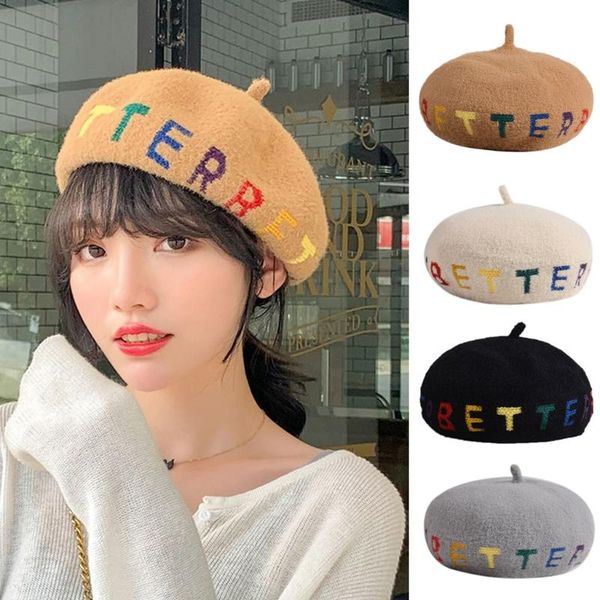 

female autumn winter faux wool beret cap british style rainbow colorful better letters embroidery painter artist beanies pumpkin, Blue;gray