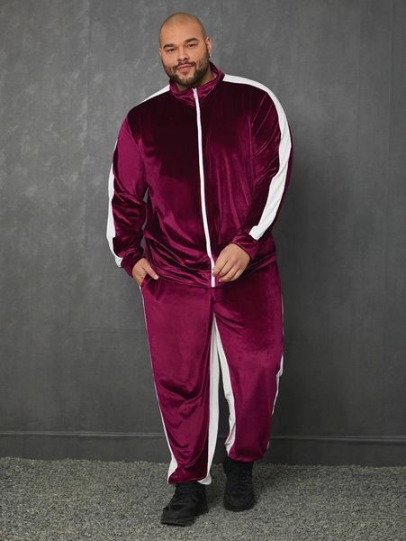 

extended sizes men side striped zip up velvet sweatshirt & pants g3de#, Gray