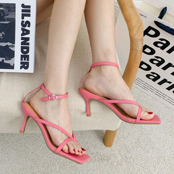

2021 new candy colors women sandal shoes summer narrow band gladiator rome ladies sandals thin high heel pumps dress shoes, Black